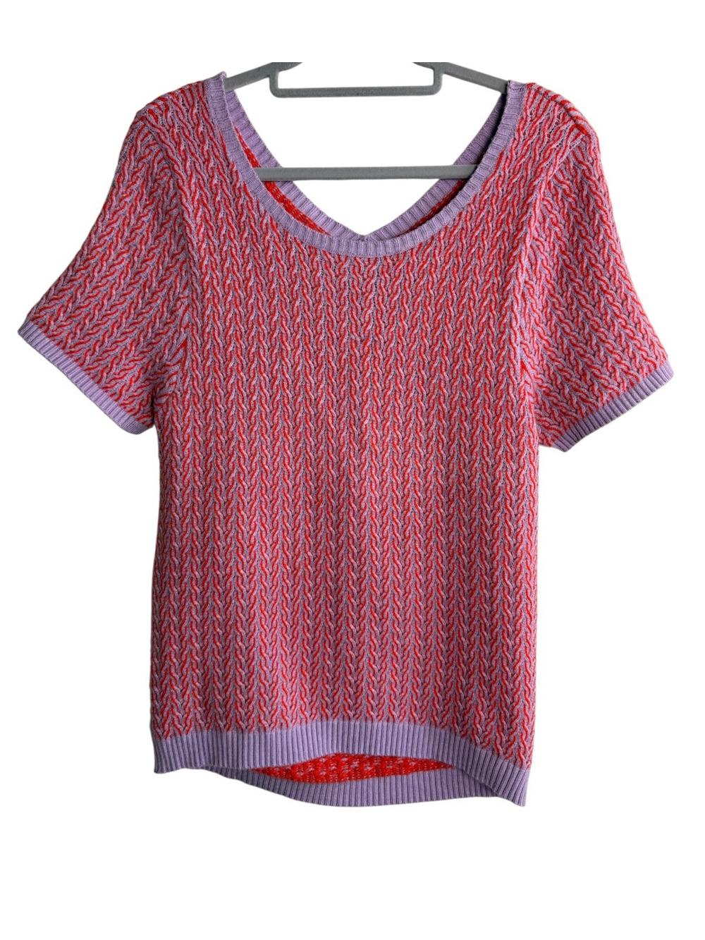 Maeve Anthropologie Lavender Red Cable Knit Open Back Short Sleeve Top L